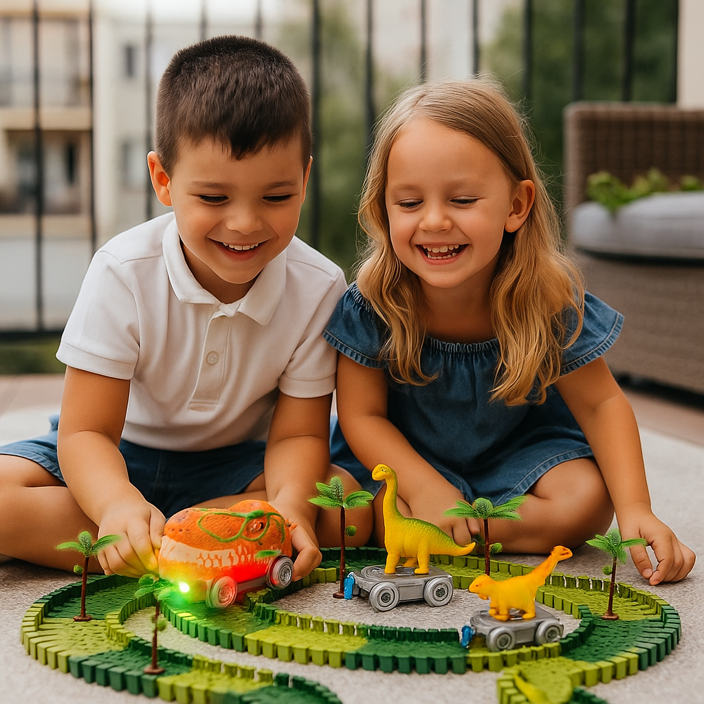Aventura con dinosaurios – Pista de carreras flexible con tren luminoso