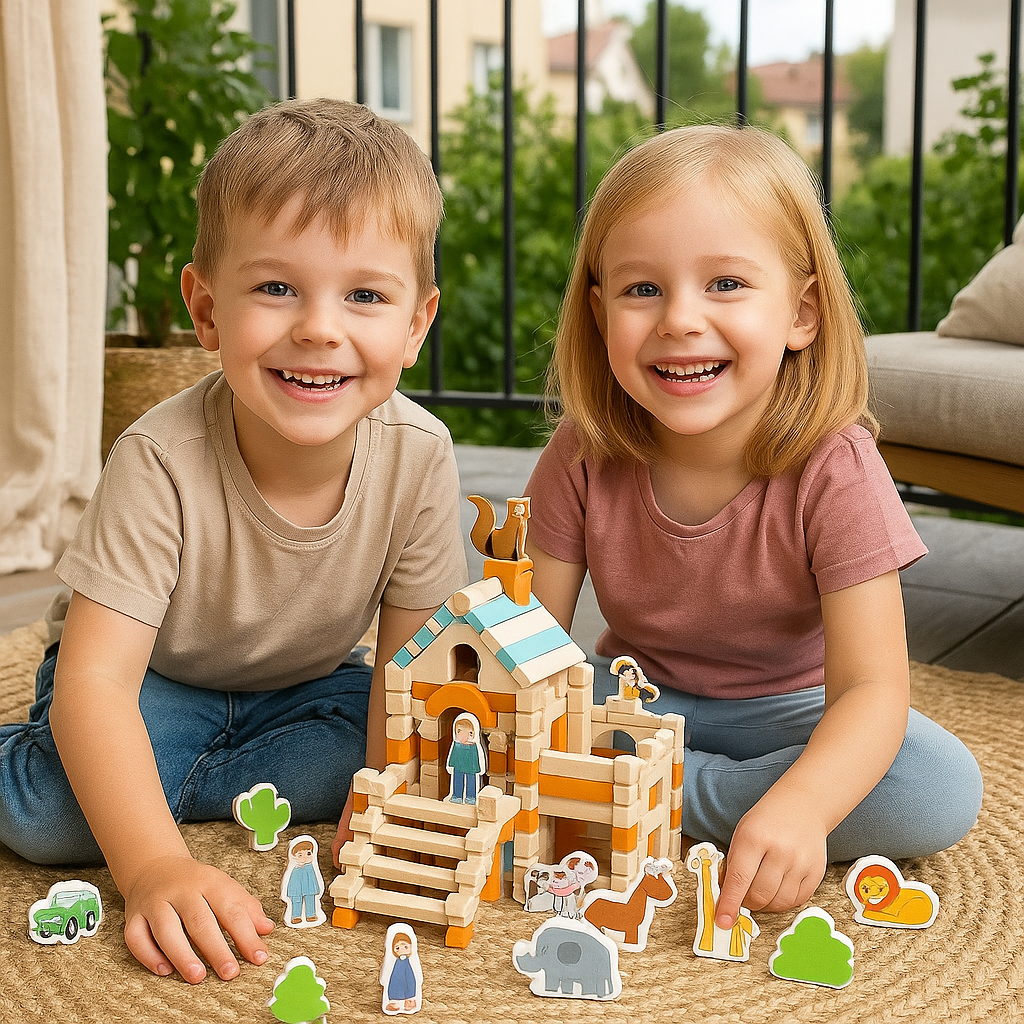 Juego de bloques de madera Montessori – diversión natural en apilar y construir