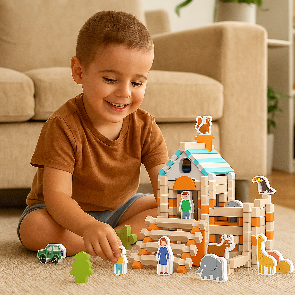 Juego de bloques de madera Montessori – diversión natural en apilar y construir