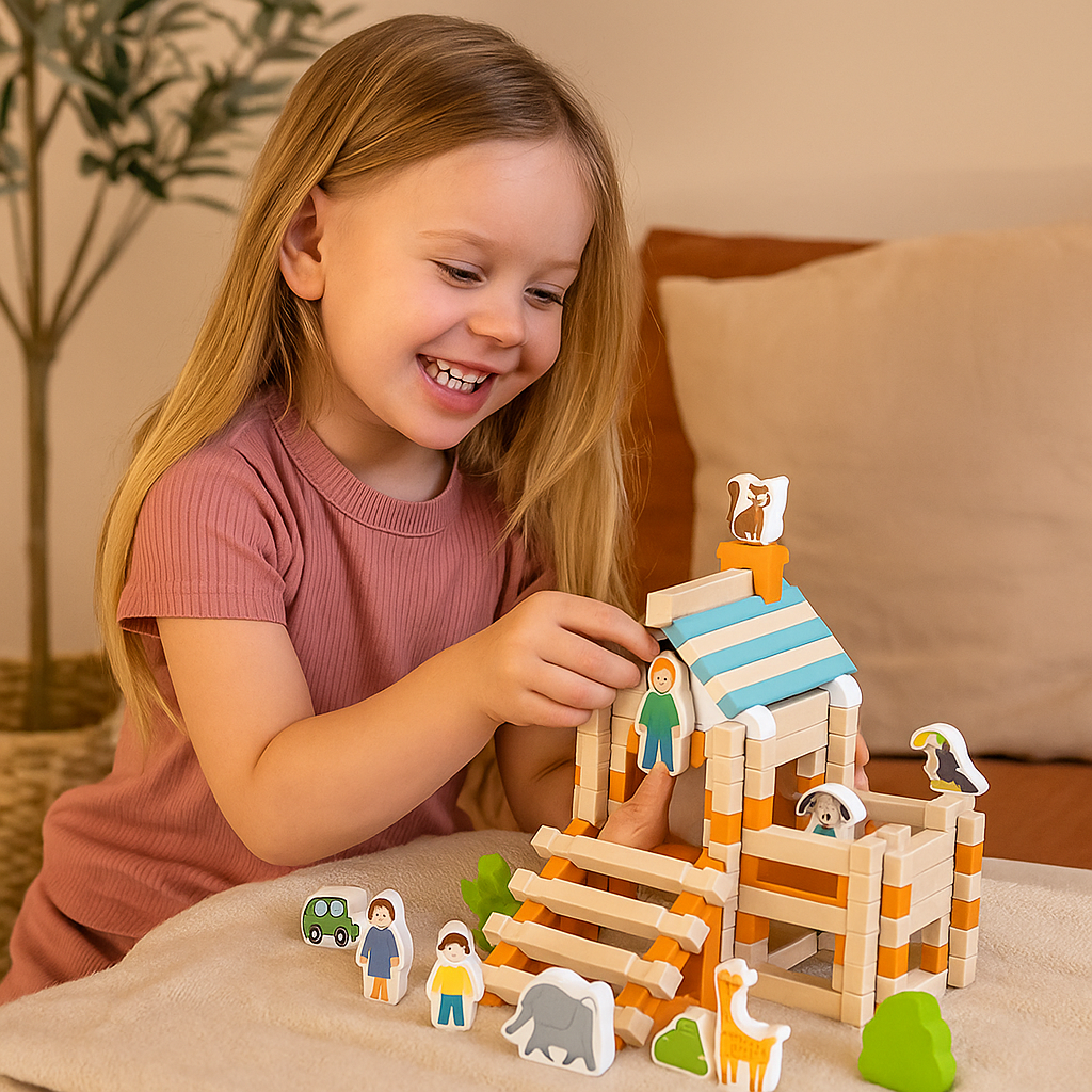 Juego de bloques de madera Montessori – diversión natural en apilar y construir