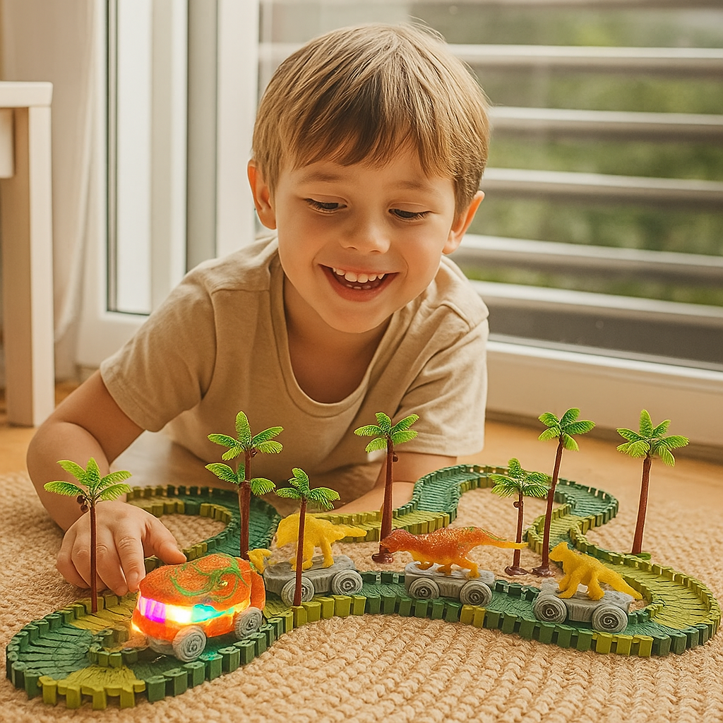 Aventura con dinosaurios – Pista de carreras flexible con tren luminoso