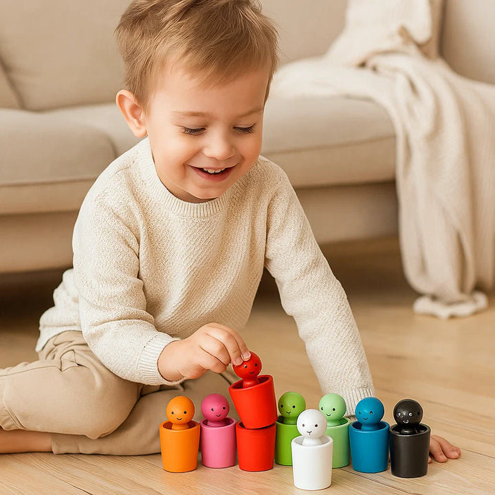 Juguete de madera para emparejar colores para niños | Juego de clasificación con muñecas, clavijas y tazas para aprender habilidades motoras finas y la vista
