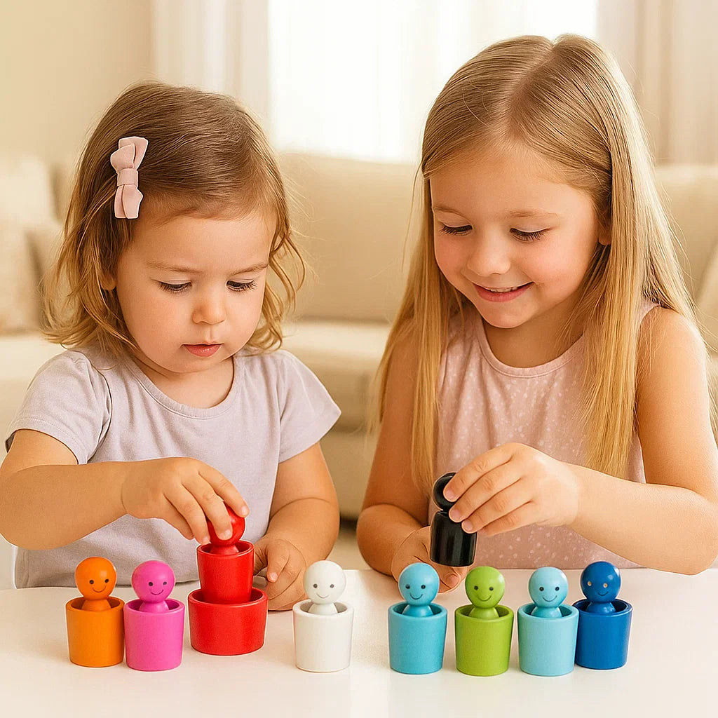 Juguete de madera para emparejar colores para niños | Juego de clasificación con muñecas, clavijas y tazas para aprender habilidades motoras finas y la vista