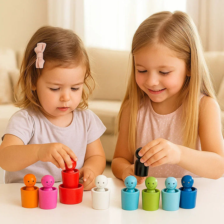 Juguete de madera para emparejar colores para niños | Juego de clasificación con muñecas, clavijas y tazas para aprender habilidades motoras finas y la vista