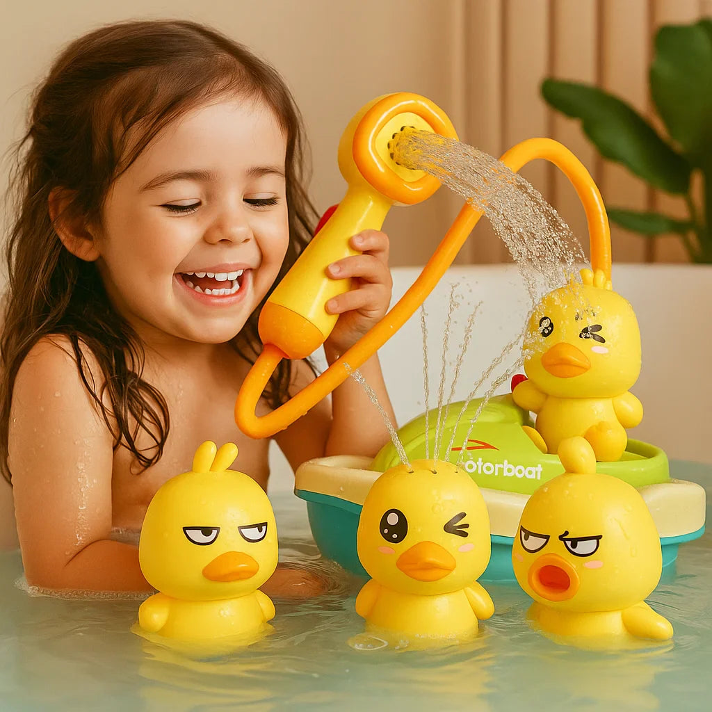 Juego de juguetes para el baño para bebés | Patitos divertidos que salpican agua con un barco para juegos interactivos en el baño