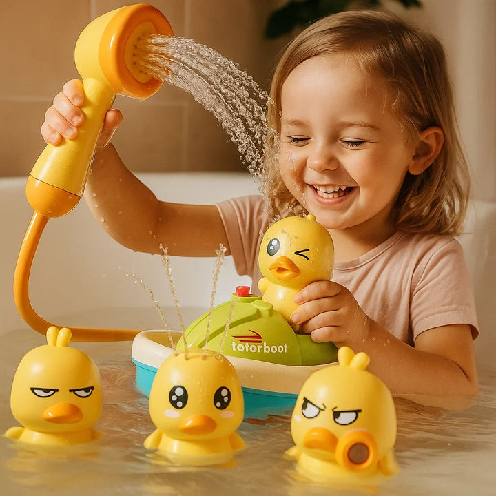Juego de juguetes para el baño para bebés | Patitos divertidos que salpican agua con un barco para juegos interactivos en el baño