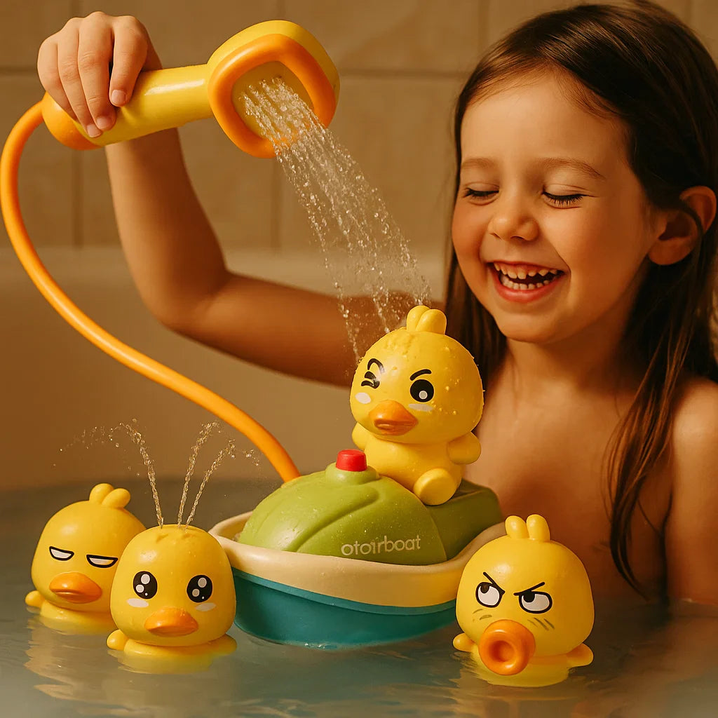 Juego de juguetes para el baño para bebés | Patitos divertidos que salpican agua con un barco para juegos interactivos en el baño