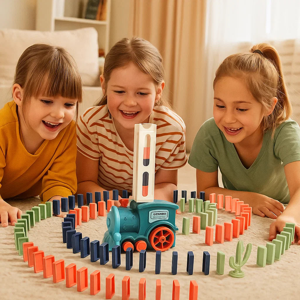 Juguete de tren de dominó para niños | Montaje automático de vías con luces y sonidos para un juego educativo creativo