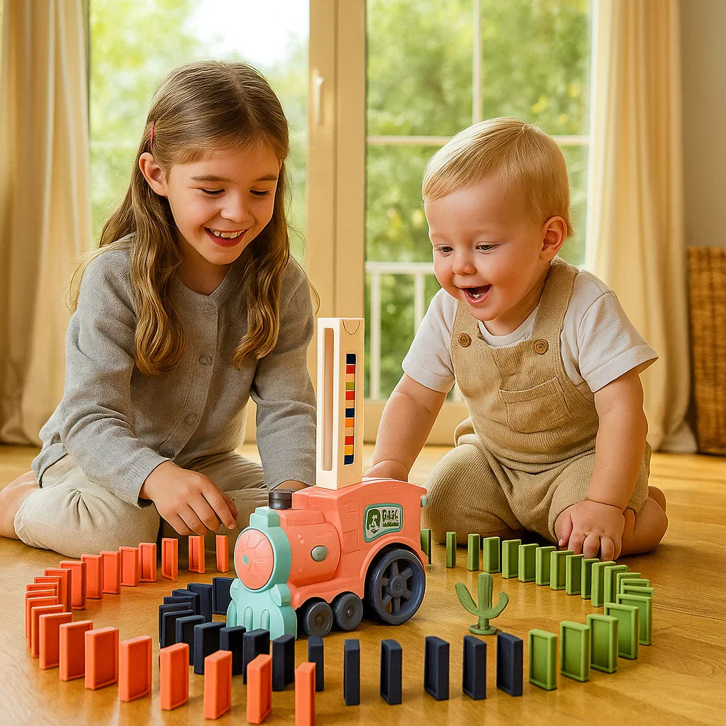 Juguete de tren de dominó para niños | Montaje automático de vías con luces y sonidos para un juego educativo creativo