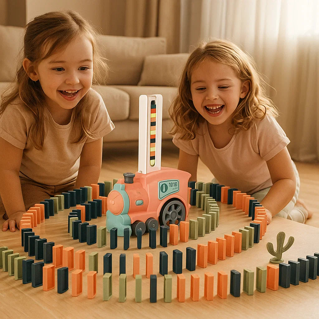Juguete de tren de dominó para niños | Montaje automático de vías con luces y sonidos para un juego educativo creativo