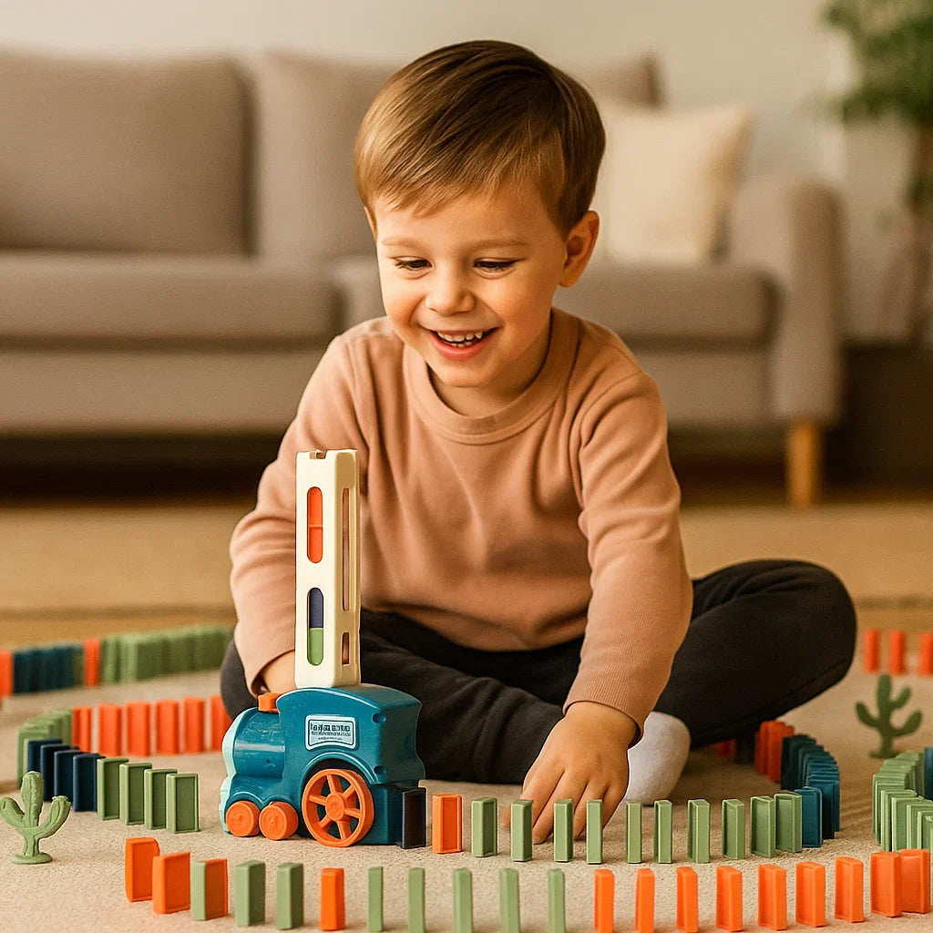 Juguete de tren de dominó para niños | Montaje automático de vías con luces y sonidos para un juego educativo creativo