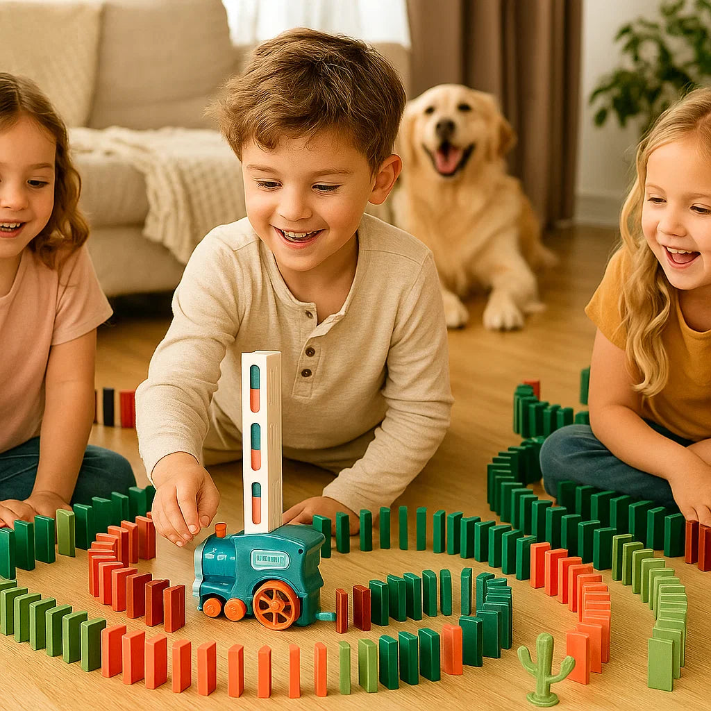 Juguete de tren de dominó para niños | Montaje automático de vías con luces y sonidos para un juego educativo creativo