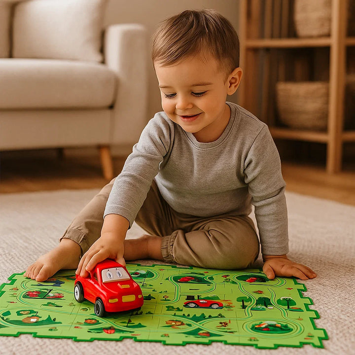Alfombra de juegos con pistas para niños ⎜ Juego interactivo en el suelo con caminos conectables para la imaginación en carreras