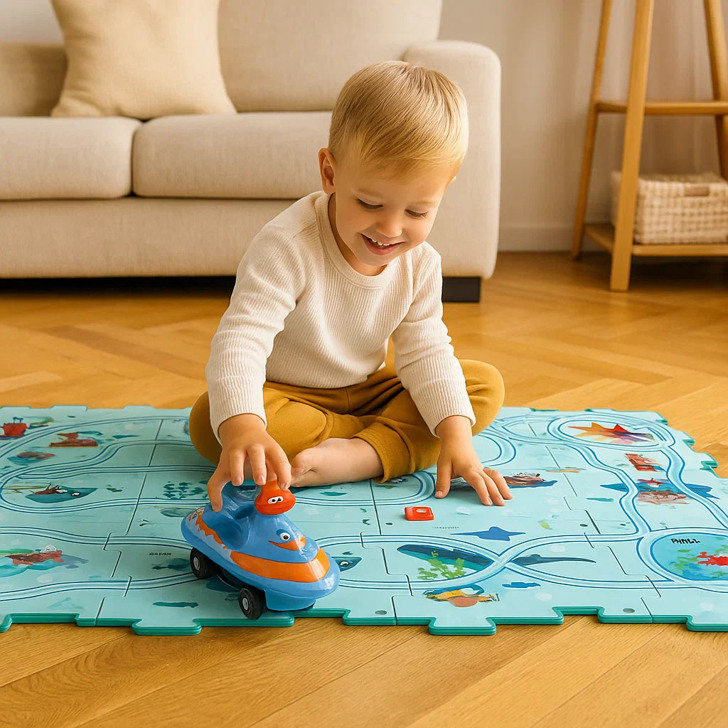 Alfombra de juegos con pistas para niños ⎜ Juego interactivo en el suelo con caminos conectables para la imaginación en carreras