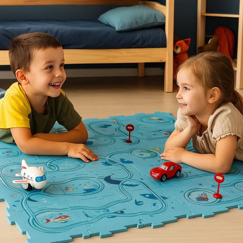 Alfombra de juegos con pistas para niños ⎜ Juego interactivo en el suelo con caminos conectables para la imaginación en carreras