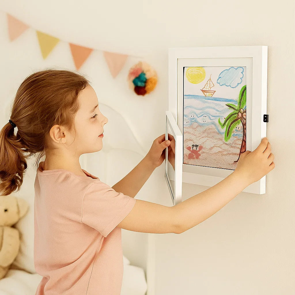 Marco de fotos para niños | Marco de fotos abatible con espacio para almacenar dibujos y proyectos creativos