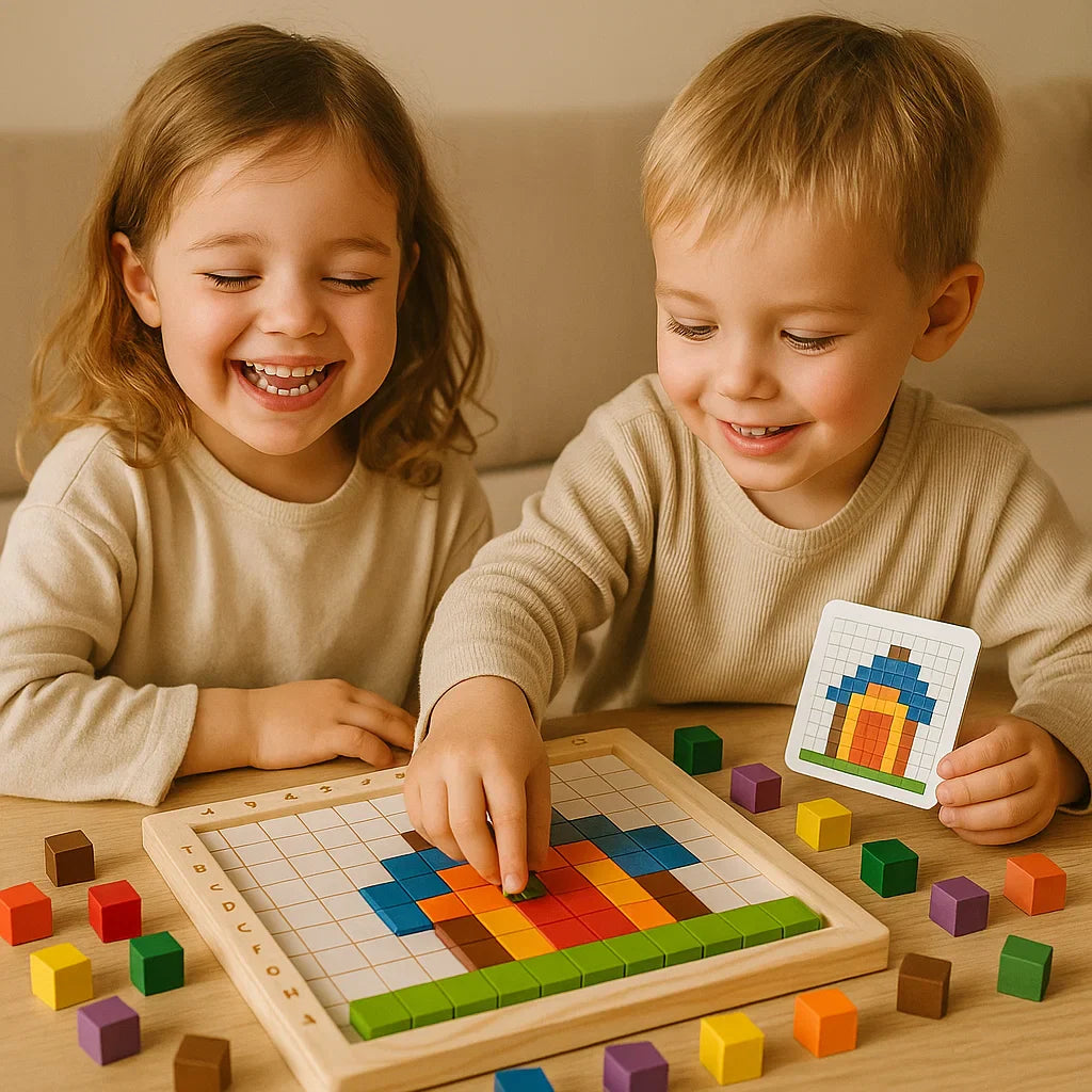 Juego de lógica de madera para niños | Bloques de colores para clasificar con una cuadrícula para lógica y patrones