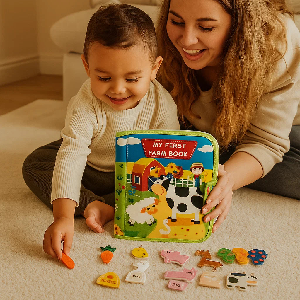 Libro educativo con historias sobre la granja para los más pequeños | Libro de fieltro suave para aprender sobre animales y habilidades motoras