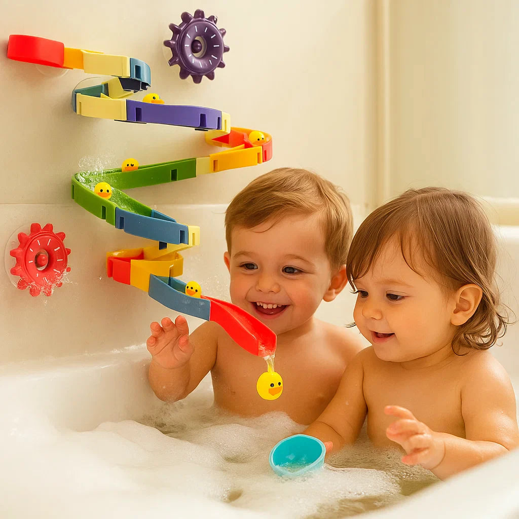 Juguete de baño con tobogán para bebés | Pista de autoensamblaje con ventosas y patitos rodantes para jugar en el baño