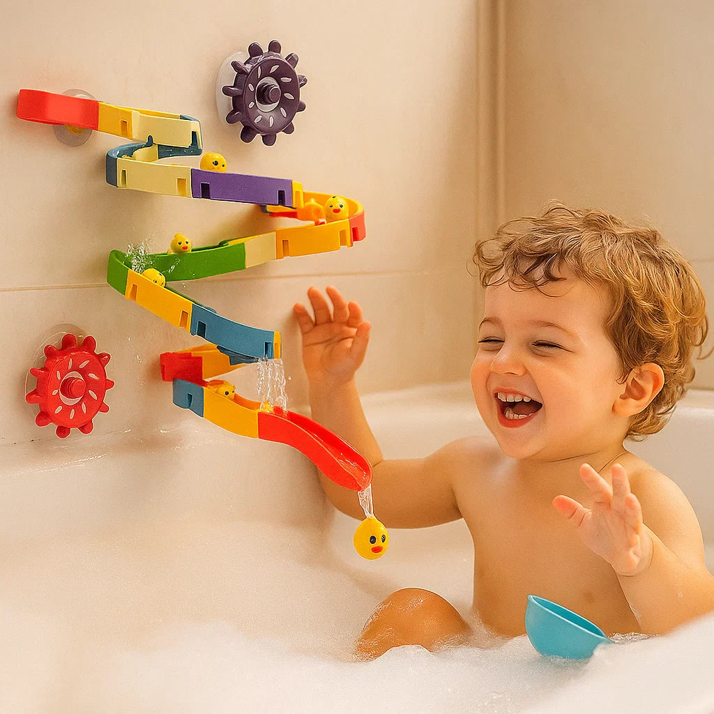Juguete de baño con tobogán para bebés | Pista de autoensamblaje con ventosas y patitos rodantes para jugar en el baño