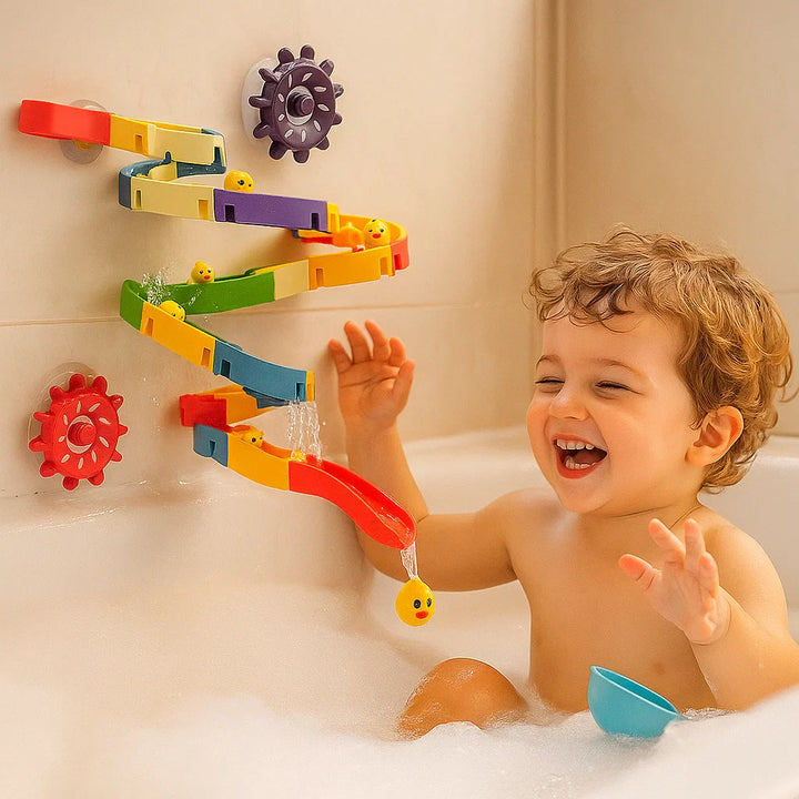 Juguete de baño con tobogán para bebés | Pista de autoensamblaje con ventosas y patitos rodantes para jugar en el baño