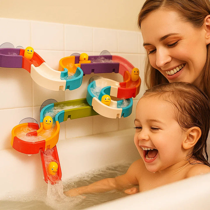 Juguete de baño con tobogán para bebés | Pista de autoensamblaje con ventosas y patitos rodantes para jugar en el baño