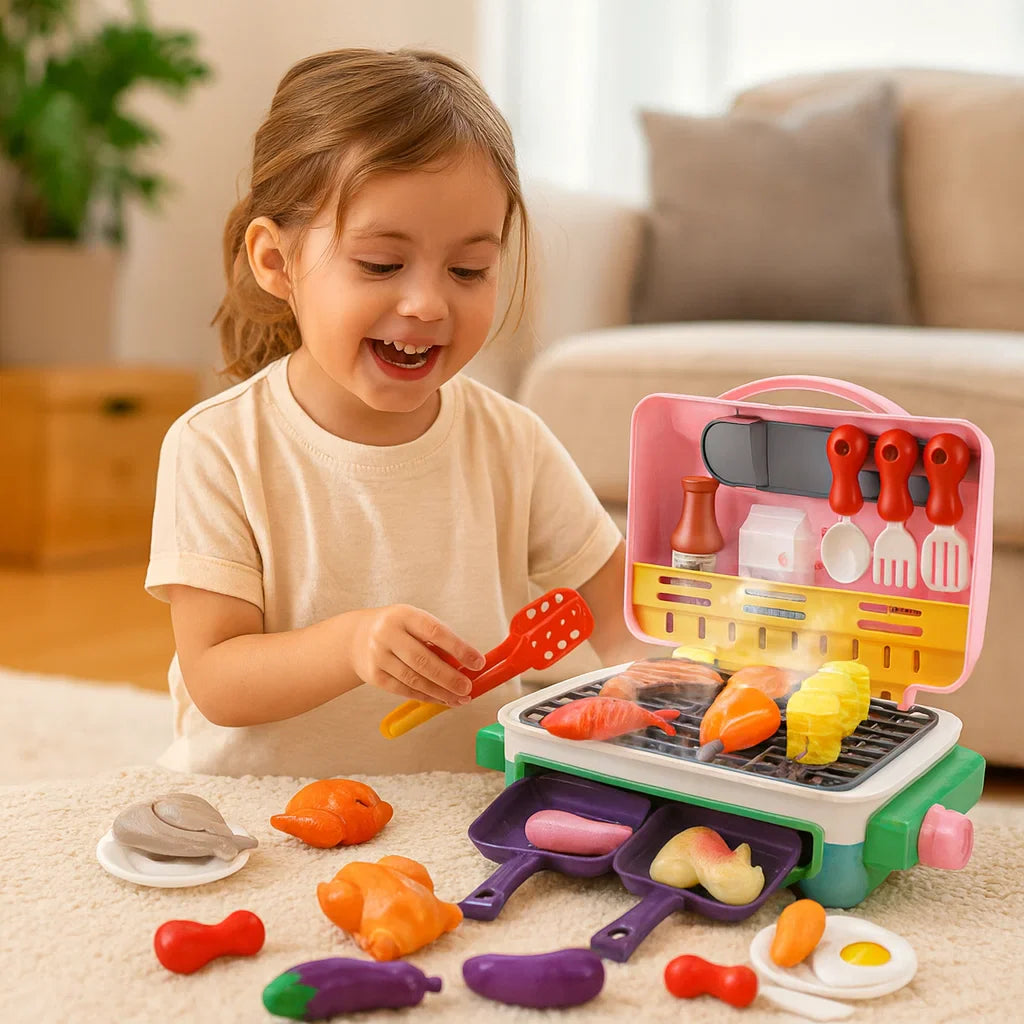 ¡Mi primera parrilla BBQ – Cocina para niños con efecto de humo y comida que cambia de color!