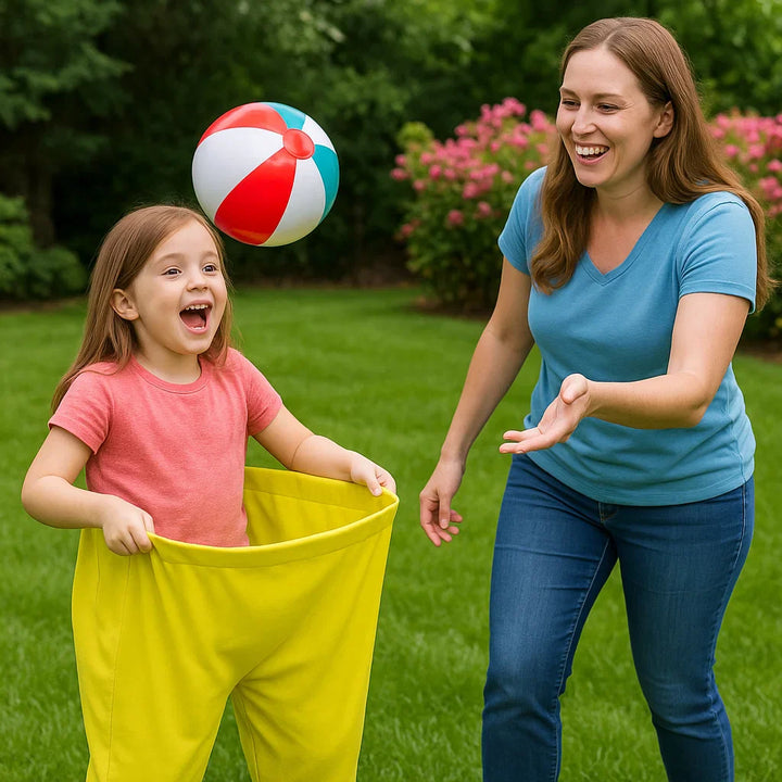Juego familiar de atrapar pelotas con pantalones de payaso