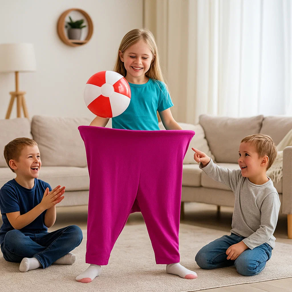 Juego familiar de atrapar pelotas con pantalones de payaso